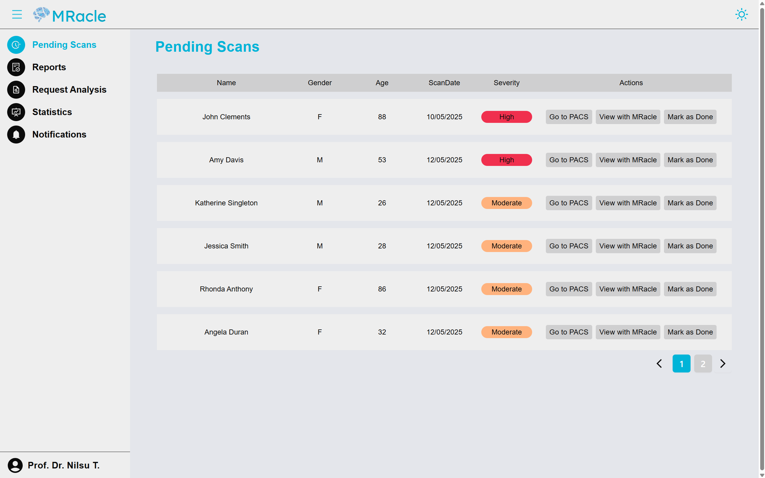 MRacle Dashboard showing list of pending MRI scans
